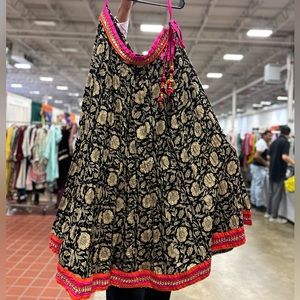 Black Floral Printed Ethnic Skirt with Mirror Work Embroidery